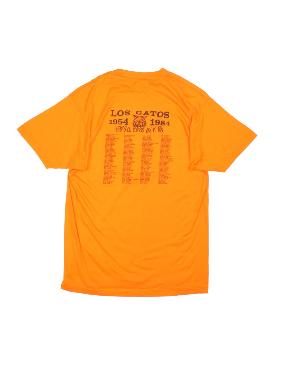 Vintage 1995 Wildcats College Sports Team Graphic T-Shirt in a orange colourway with the logo and spell out printed on the front, and team list on the back.