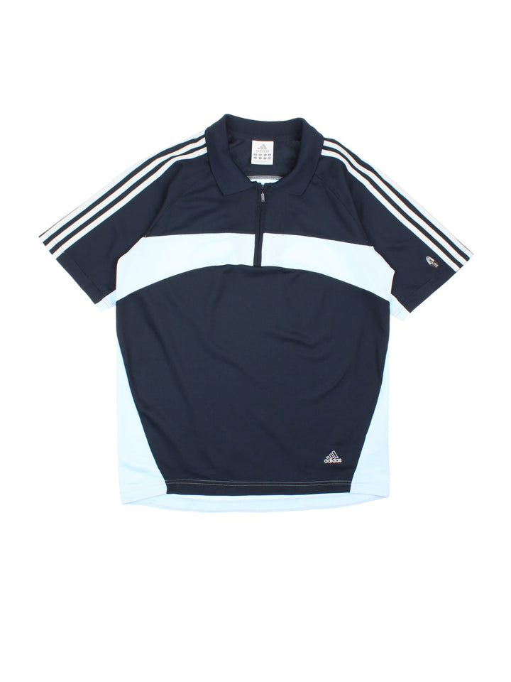 Adidas Polo Shirt in navy blue with light blue stripe detail and logo embroidered on the front.