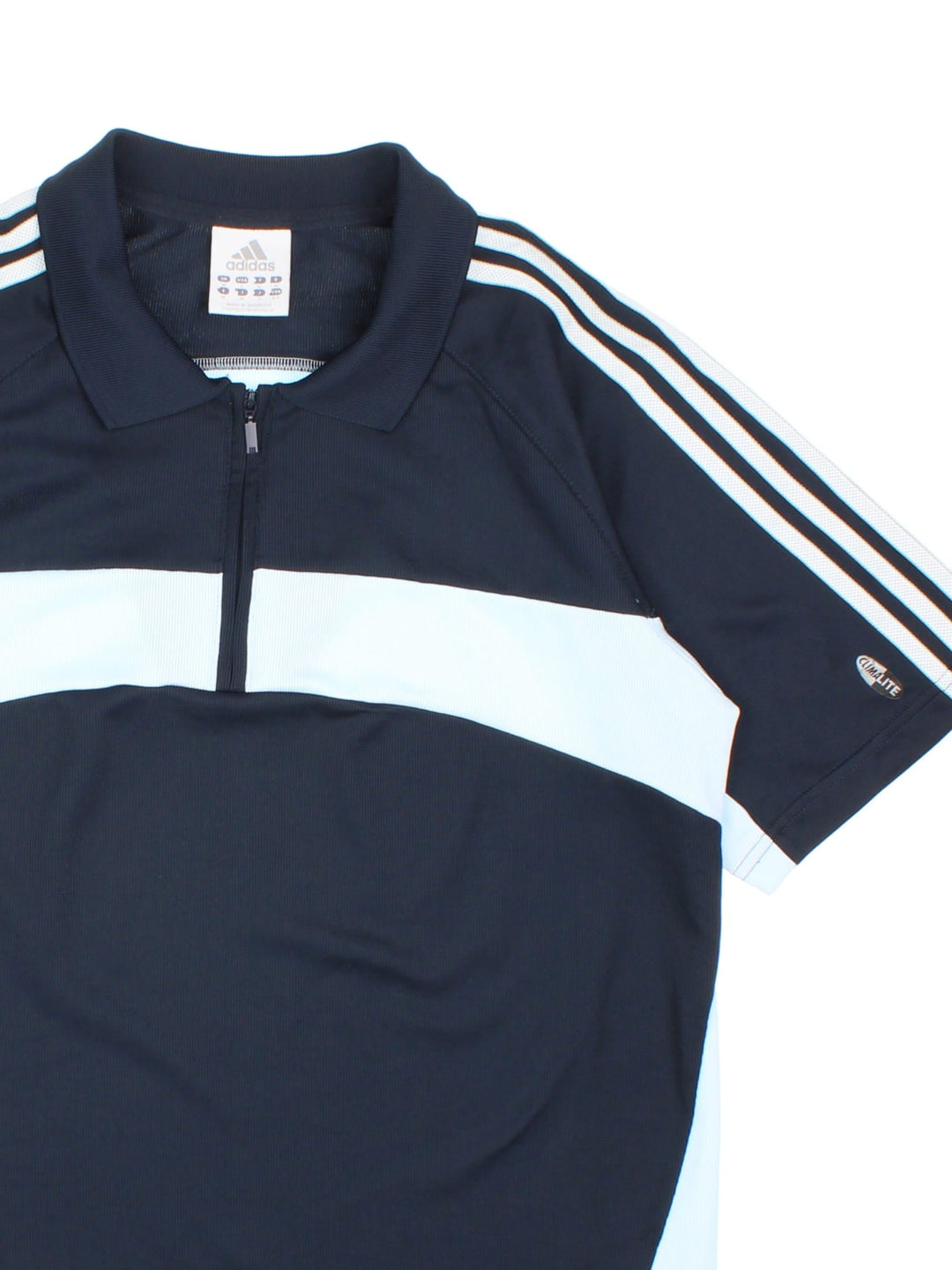 Adidas Polo Shirt in navy blue with light blue stripe detail and logo embroidered on the front.