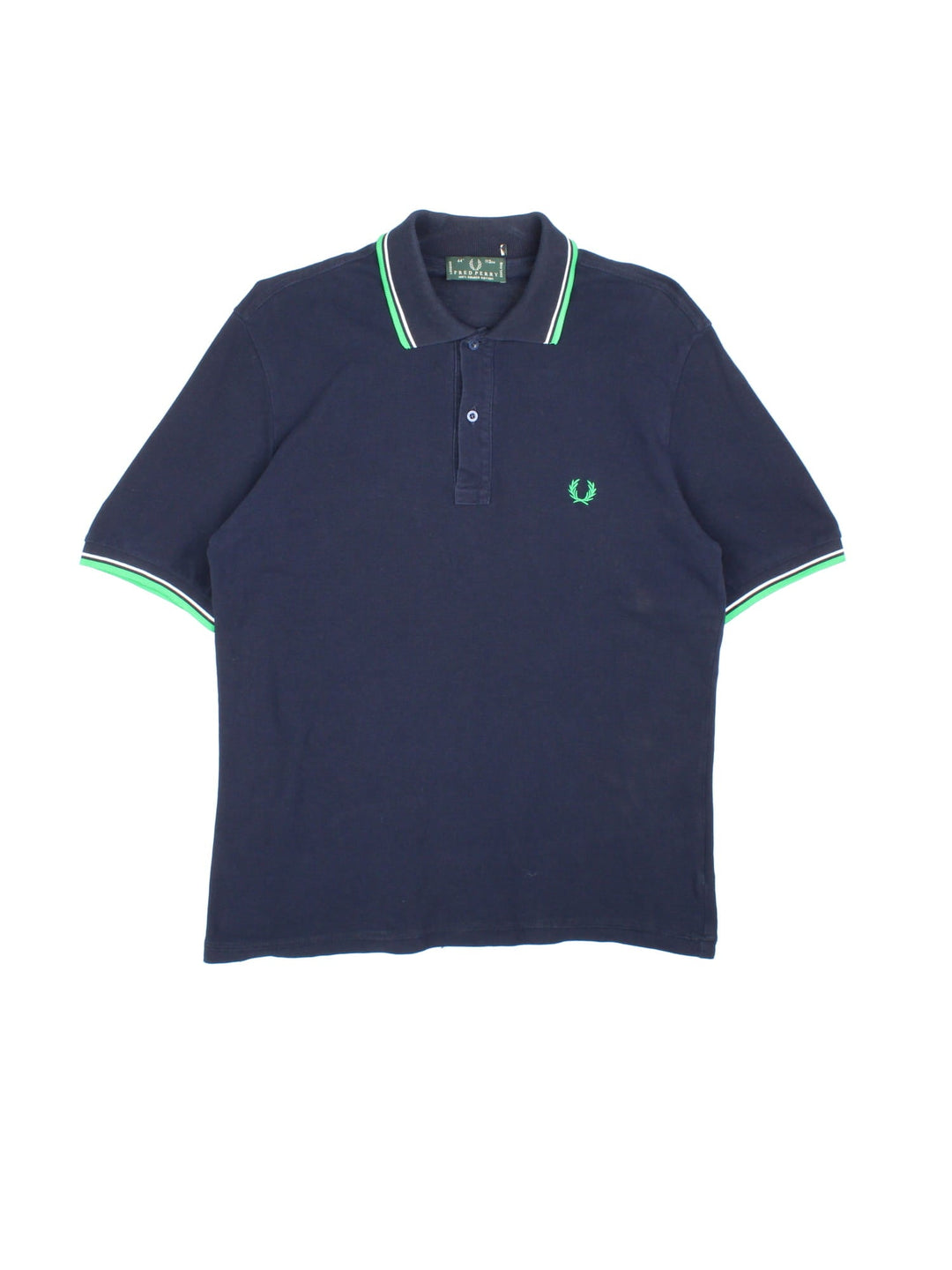 Fred Perry Polo Shirt in navy blue with the logo embroidered on the front, green and white collar and cuff detail.