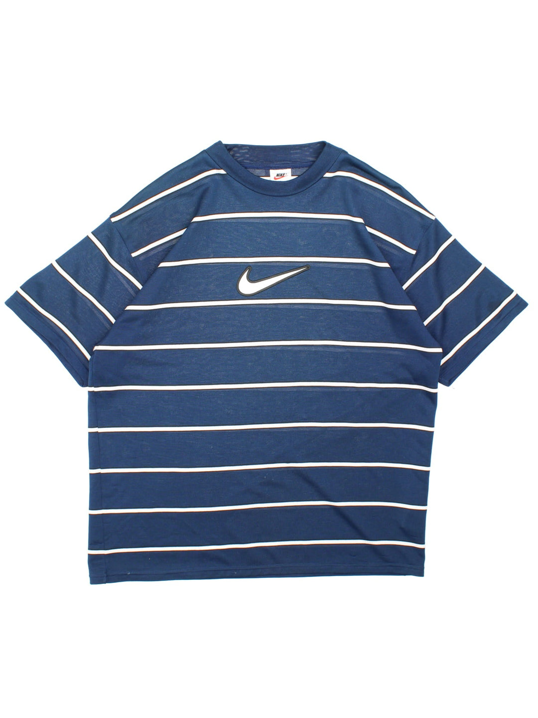 Vintage 90's Nike Training Top in a navy blue and white striped colourway with the swoosh logo embroidered on the front.