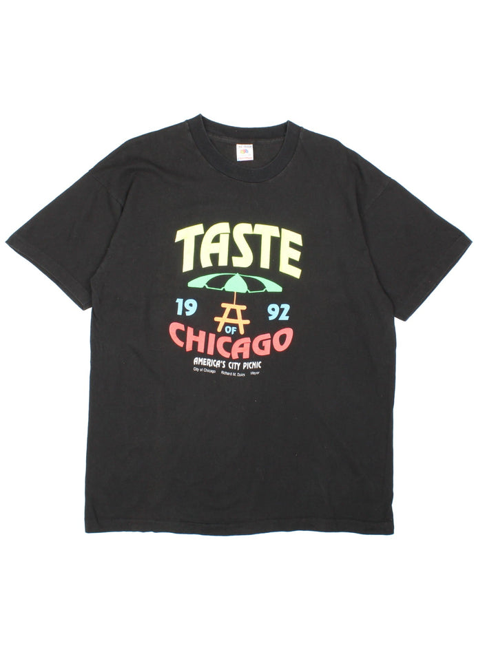 Vintage 1992, 90s LG Taste Of Chicago T-Shirt in black with graphic printed on the front.