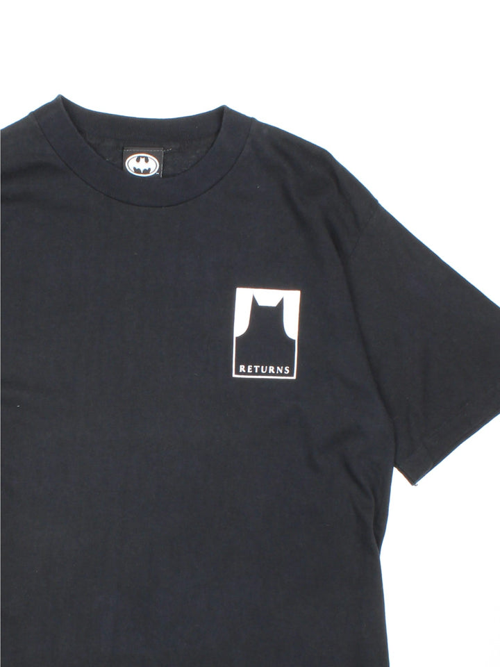 Original Vintage 1992 Batman Returns single stitch T-Shirt in black with the logo on the front and 'The Bat The Cat The Penguin' graphic printed on the back.