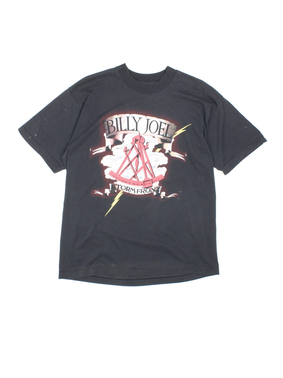 Vintage Billy Joel 1990 Storm Front Tour T-Shirt in black with graphic printed on the front and back.