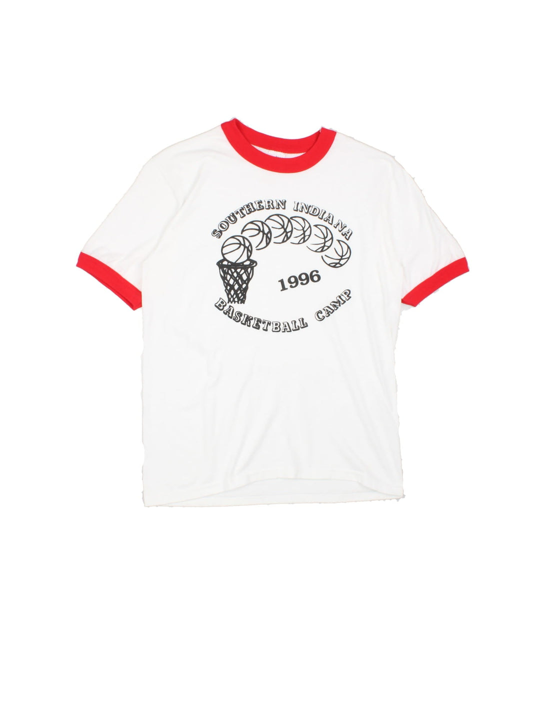 Vintage Southern Indiana Basketball Camp T-Shirt in white with red collar and cuffs and graphic printed on the front.