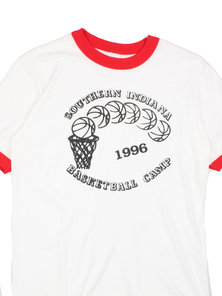 Vintage Southern Indiana Basketball Camp T-Shirt in white with red collar and cuffs and graphic printed on the front.