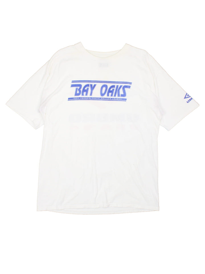 Vintage 1994 Umbro Bay Oaks Youth Soccer League T-Shirt in white with team graphic on the front and Umbro logo on the sleeve and back.