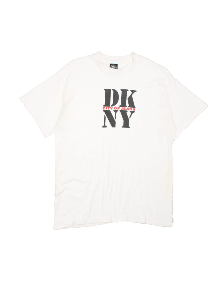 Vintage DKNY City of Jeans T-Shirt in white with the logo graphic printed on the front.