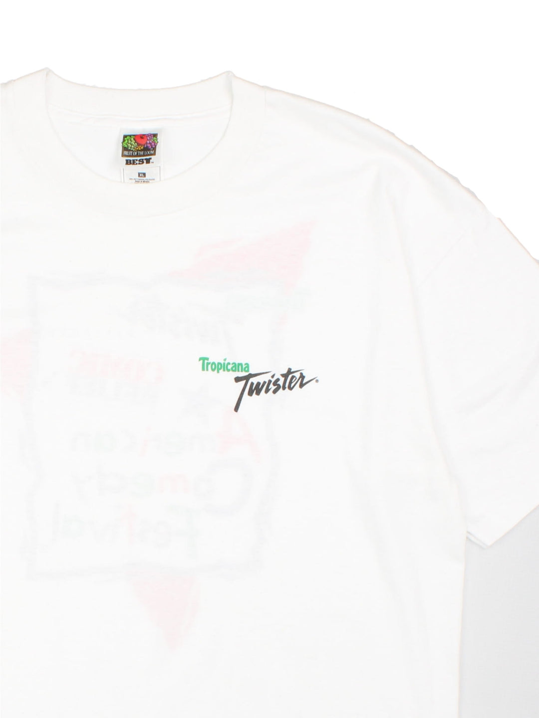 Vintage Tropicana Twister Comic Relief T-Shirt in white with graphic printed on the front and back.