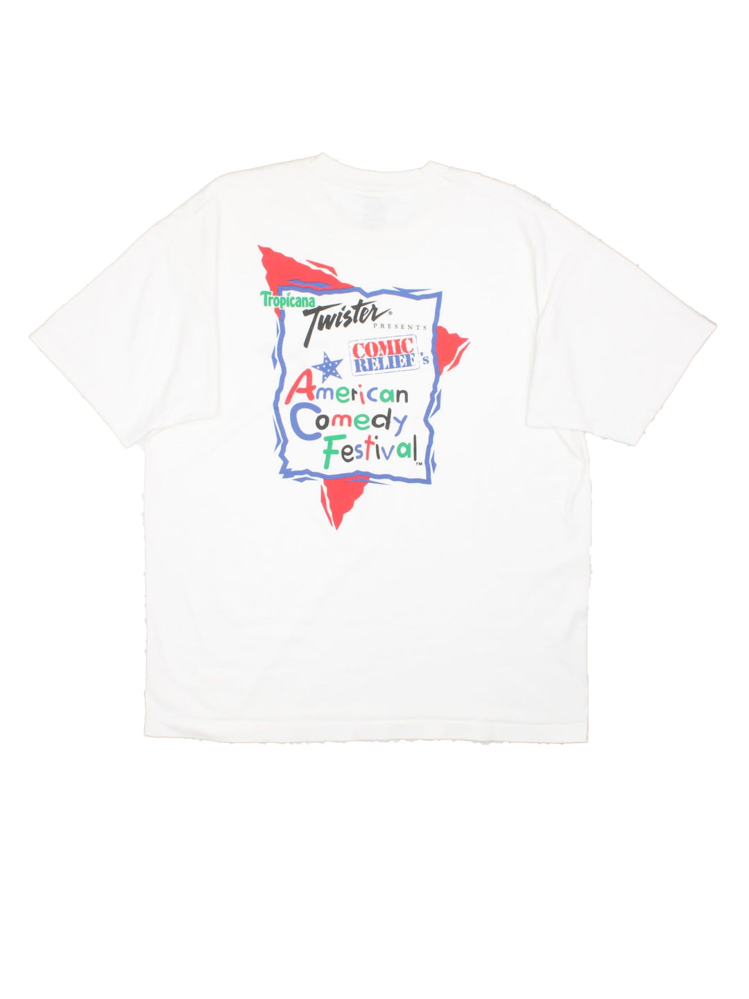 Vintage Tropicana Twister Comic Relief T-Shirt in white with graphic printed on the front and back.