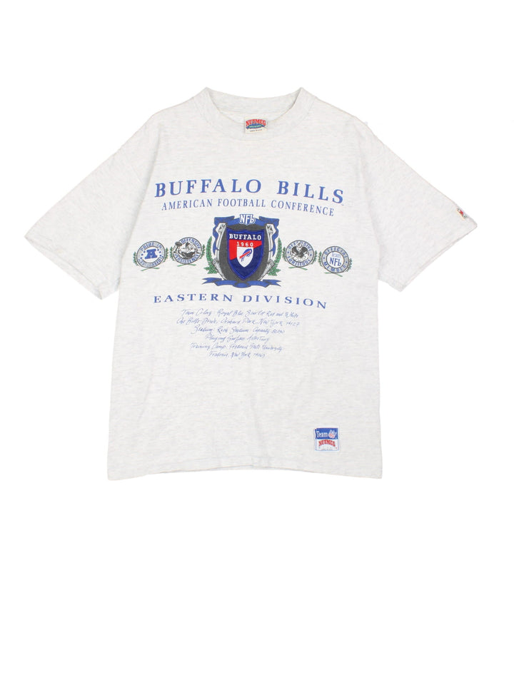 Vintage NFL Nutmeg Buffalo Bills Eastern Division T-Shirt in grey with graphic, embroidered Buffalo 1960 logo and NFL (Nutmeg) label on the front.