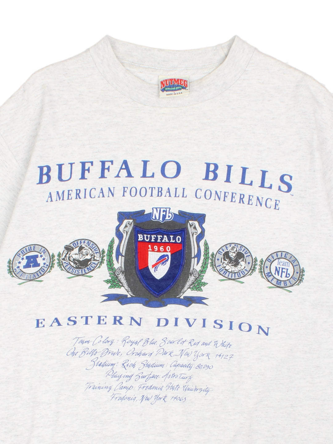 Vintage NFL Nutmeg Buffalo Bills Eastern Division T-Shirt in grey with graphic, embroidered Buffalo 1960 logo and NFL (Nutmeg) label on the front.