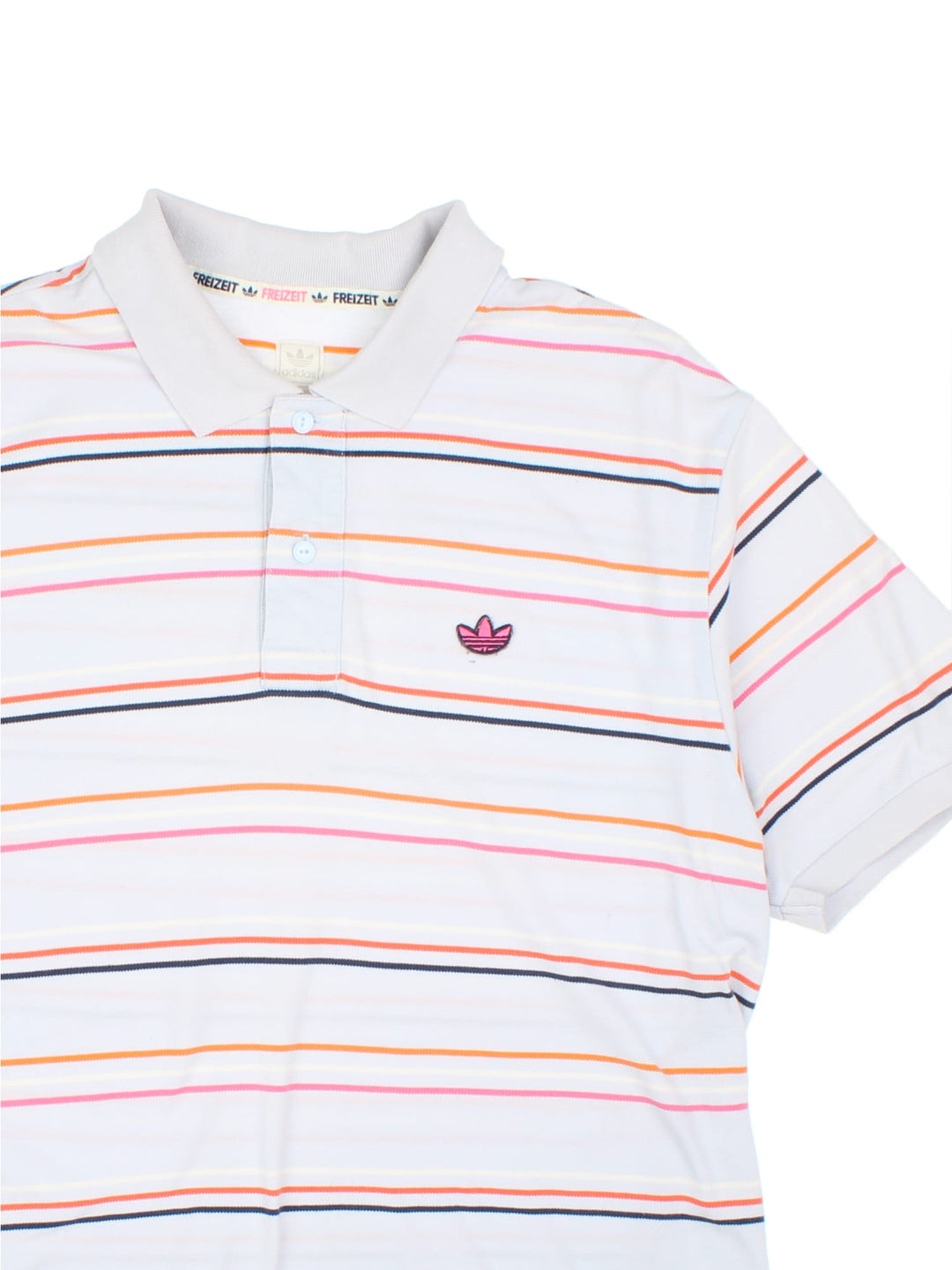 Vintage Adidas Polo Shirt in a grey colourway with orange, white and pink stripe and embroidered logo on the front.