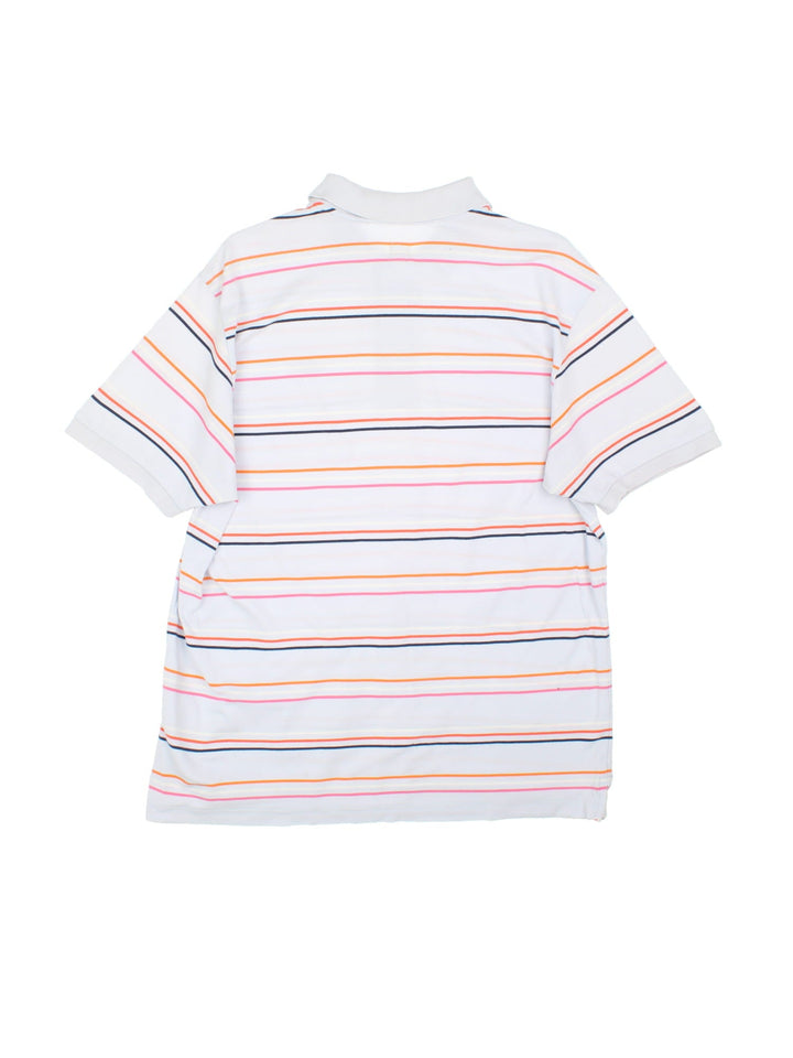 Vintage Adidas Polo Shirt in a grey colourway with orange, white and pink stripe and embroidered logo on the front.