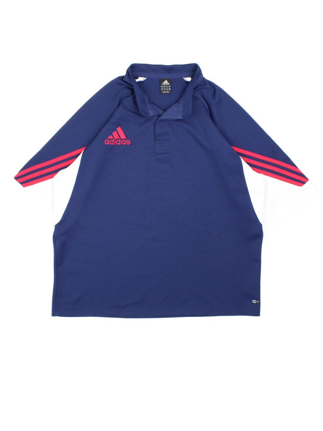 Vintage Adidas Polo Shirt in navy blue with the logo embroidered on the front and red and white stripped sleeve detail.