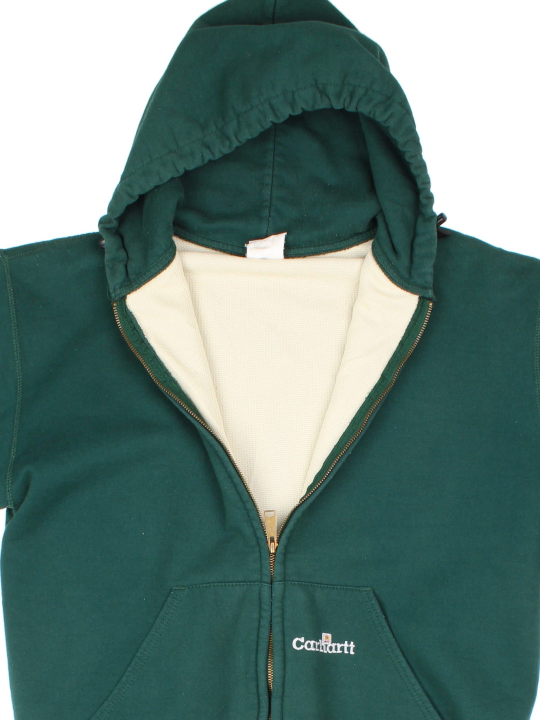 Carhartt Full Zip Hoodie in a green colourway, features drawsting hood and small logo on the pocket.