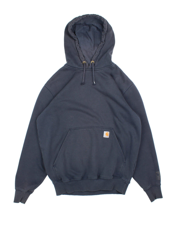 Carhartt Pullover Hoodie in a blue colourway with large pocket and classic logo on the front.