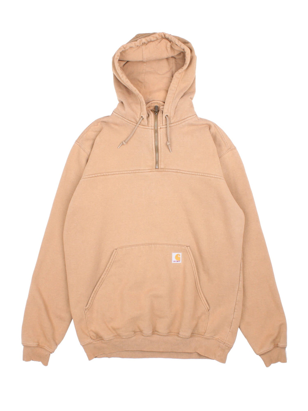 Carhartt 1/4 Zip Hoodie in a tan colourway, features 1/4 zip and large pocket on the front with small classic logo.