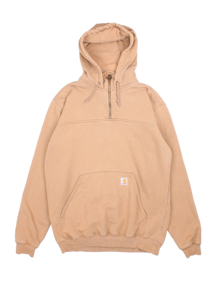 Carhartt 1/4 Zip Hoodie in a tan colourway, features 1/4 zip and large pocket on the front with small classic logo.