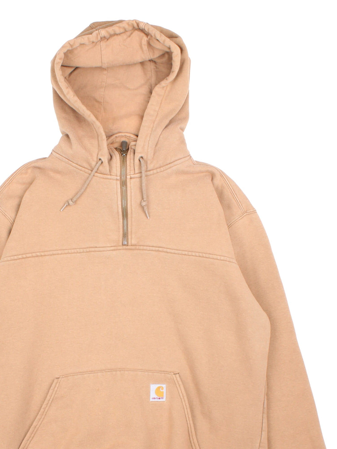 Carhartt 1/4 Zip Hoodie in a tan colourway, features 1/4 zip and large pocket on the front with small classic logo.