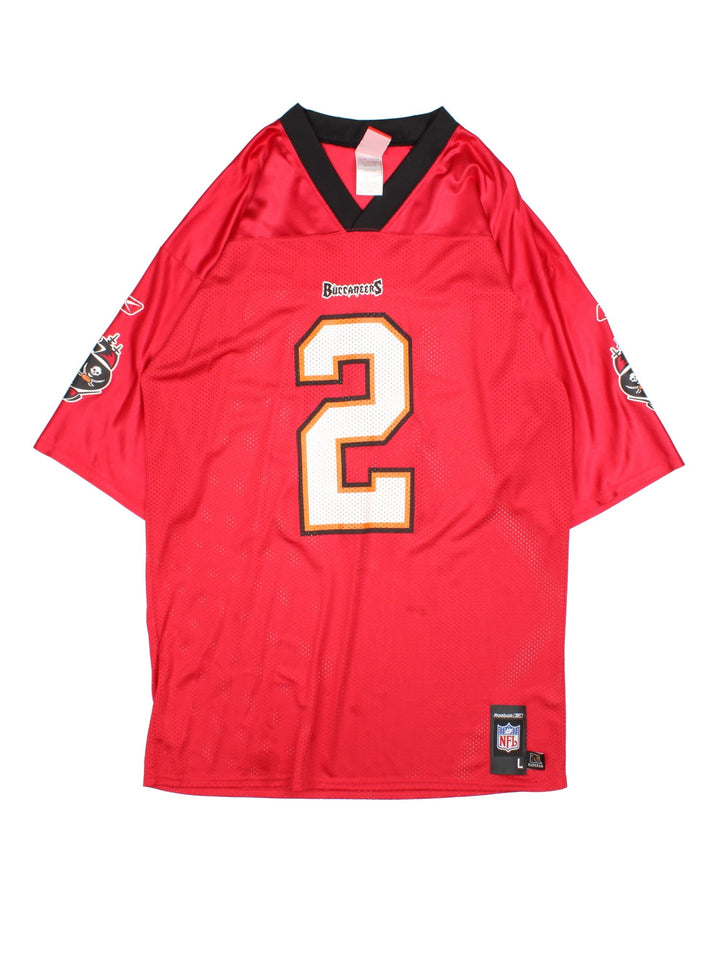 Tampa Bay Buccaneers Reebok NFL Jersey in the red home kit colourway, features printed logo on the sleeves and player name SIMMS and number #2 on the back.