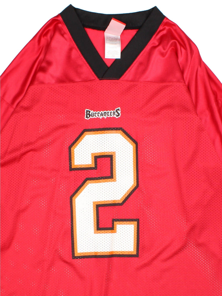 Tampa Bay Buccaneers Reebok NFL Jersey in the red home kit colourway, features printed logo on the sleeves and player name SIMMS and number #2 on the back.