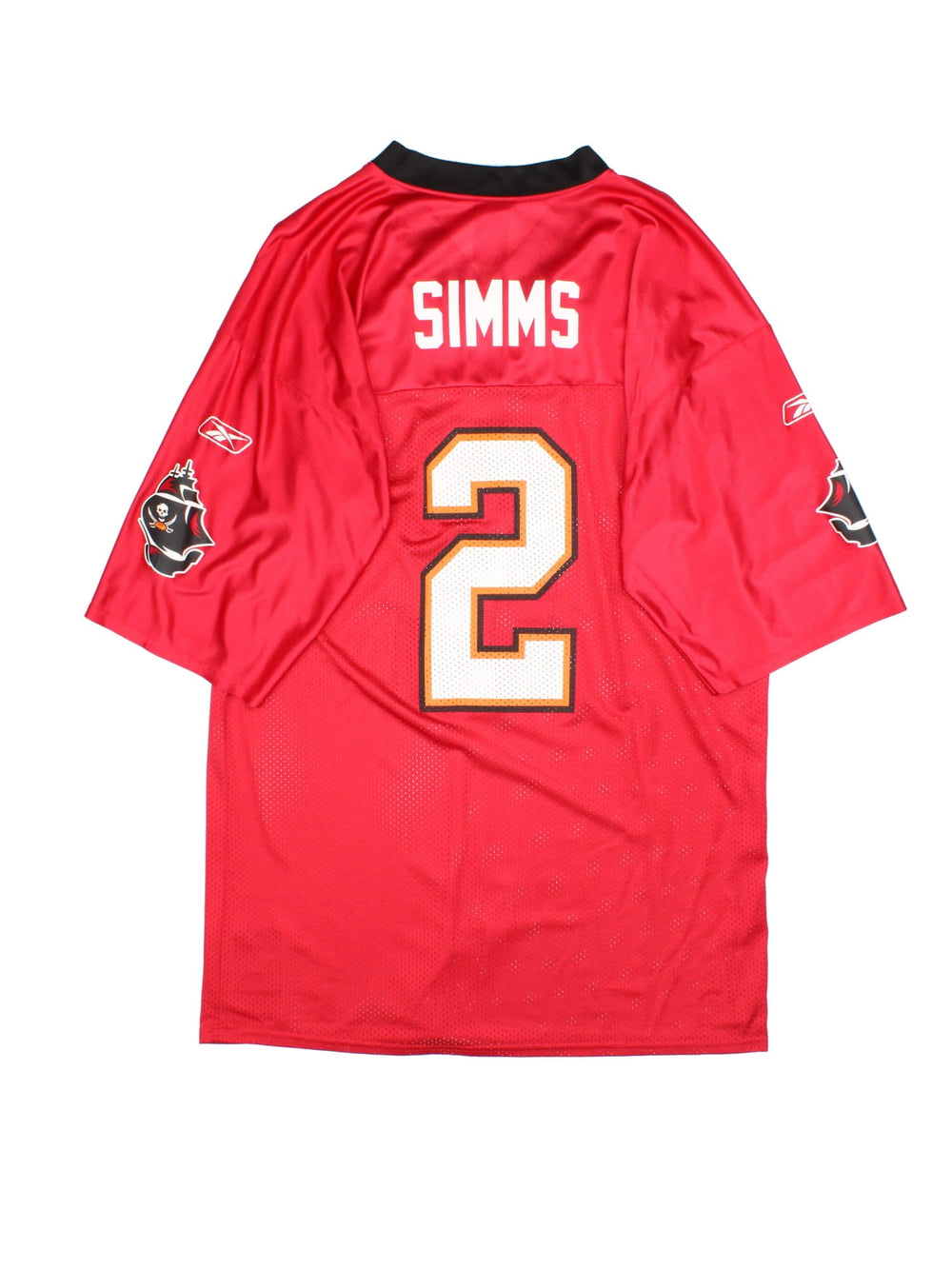 Tampa Bay Buccaneers Reebok NFL Jersey in the red home kit colourway, features printed logo on the sleeves and player name SIMMS and number #2 on the back.