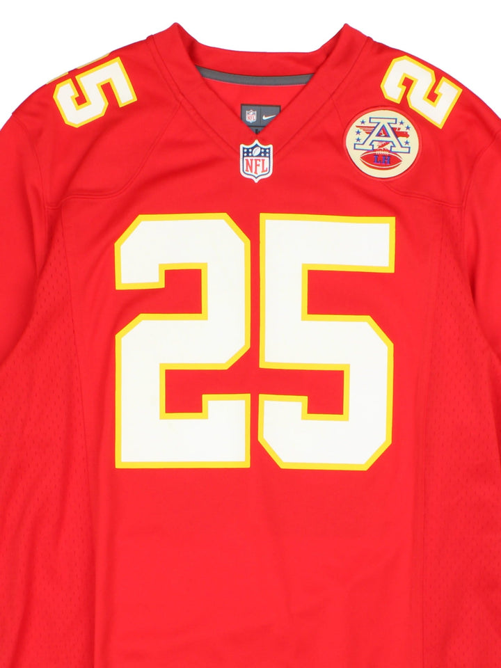 Kansas City Chiefs 2012-16 Nike NFL Jersey in the red home kit colourway, features large number and club logo on the front and player name CHARLES  and number #25 on the back.