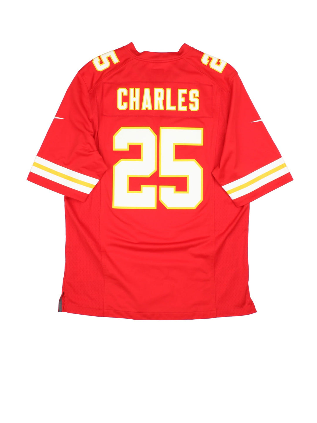 Kansas City Chiefs 2012-16 Nike NFL Jersey in the red home kit colourway, features large number and club logo on the front and player name CHARLES  and number #25 on the back.