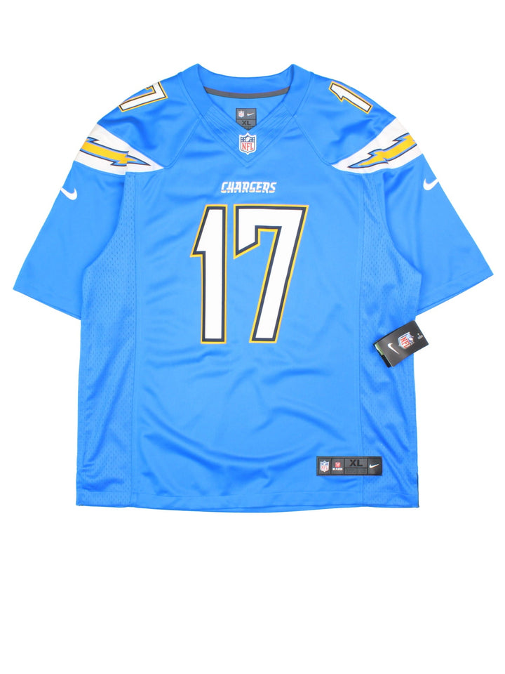 San Diego Chargers Nike NFL Jersey in the blue home kit colourway, features club logo on the sleeves and player name RIVERS and number #17 on the back.