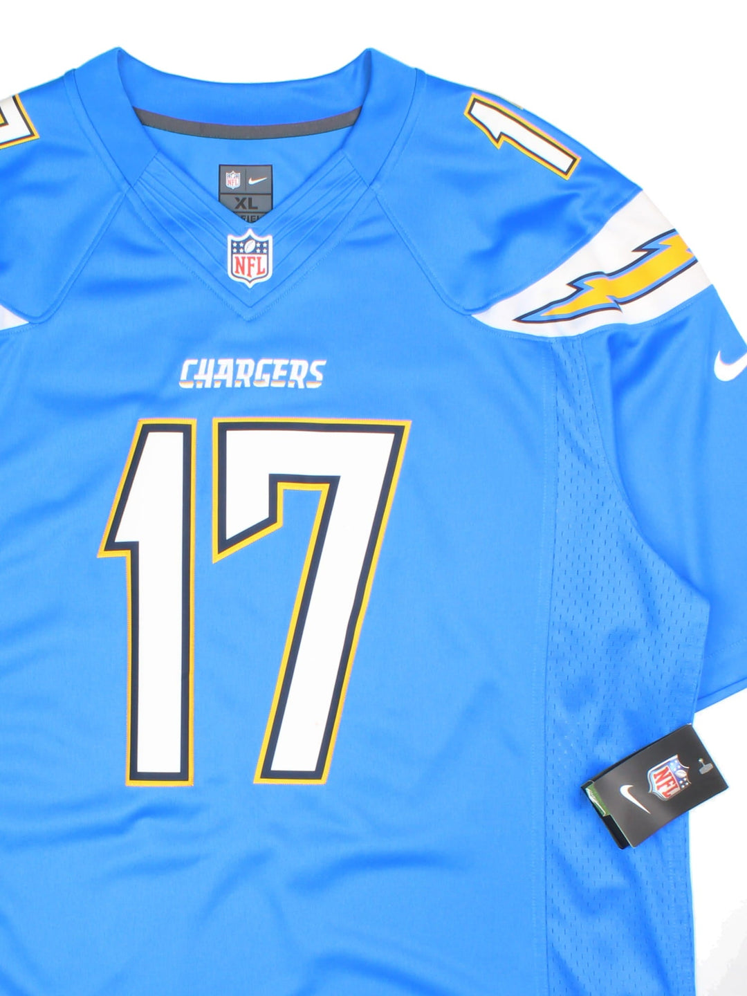 San Diego Chargers Nike NFL Jersey in the blue home kit colourway, features club logo on the sleeves and player name RIVERS and number #17 on the back.