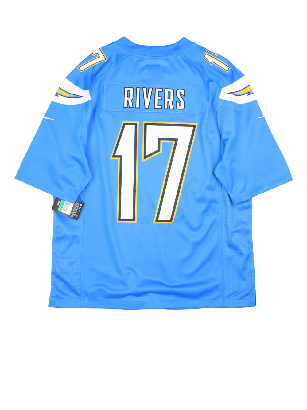 San Diego Chargers Nike NFL Jersey in the blue home kit colourway, features club logo on the sleeves and player name RIVERS and number #17 on the back.