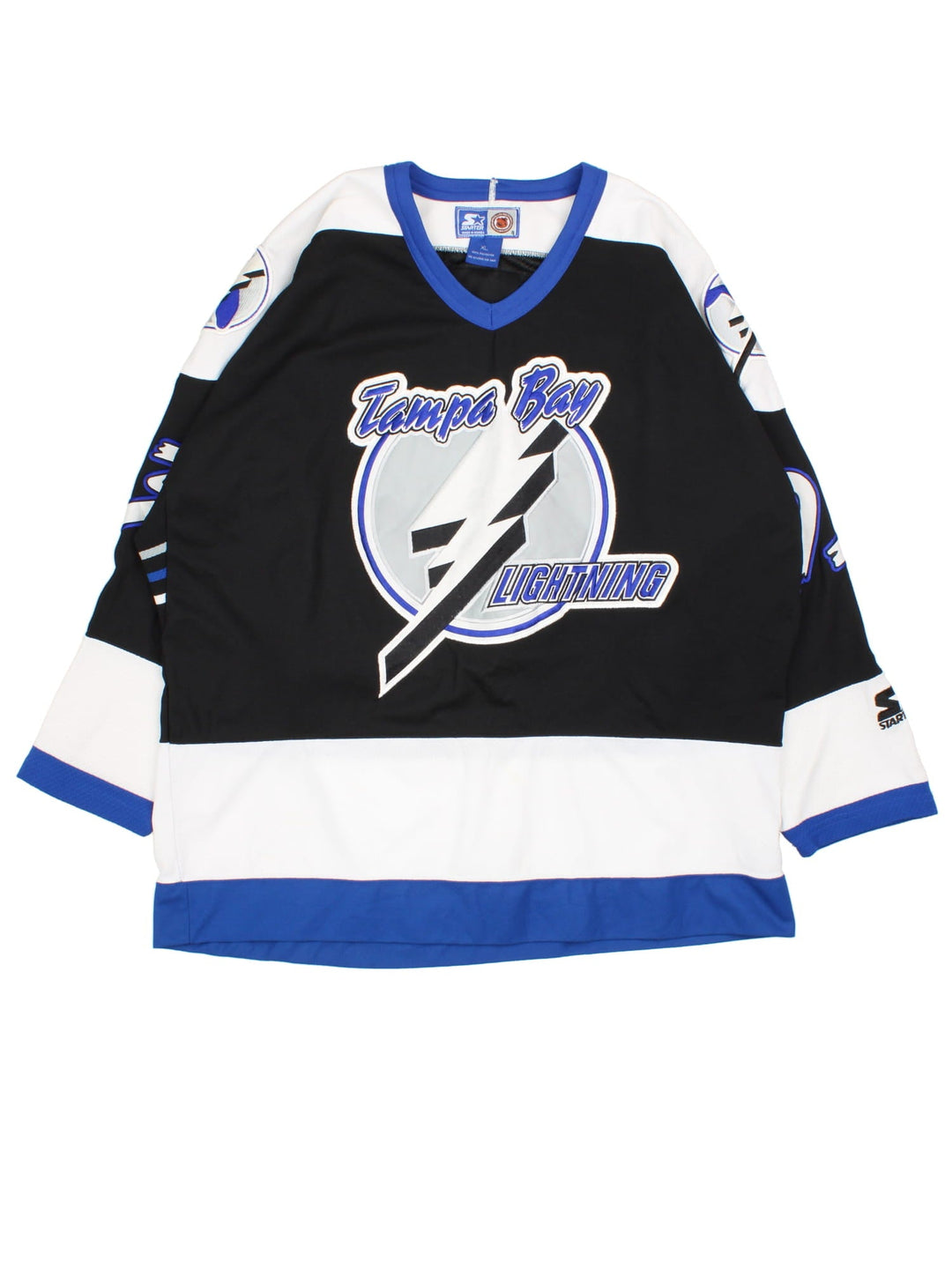 Tampa Bay Lighning Starter Ice Hockey Jersey in the black colourway with white and blue panelling. Features large embroidered logos on the front and sleeves. Player name PUPPA and number #93 on the back.