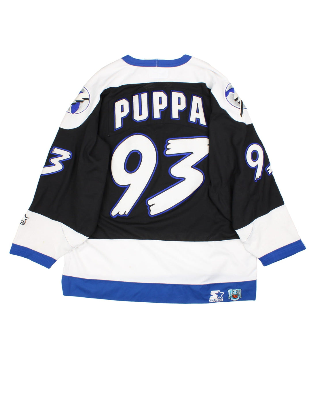 Tampa Bay Lighning Starter Ice Hockey Jersey in the black colourway with white and blue panelling. Features large embroidered logos on the front and sleeves. Player name PUPPA and number #93 on the back.