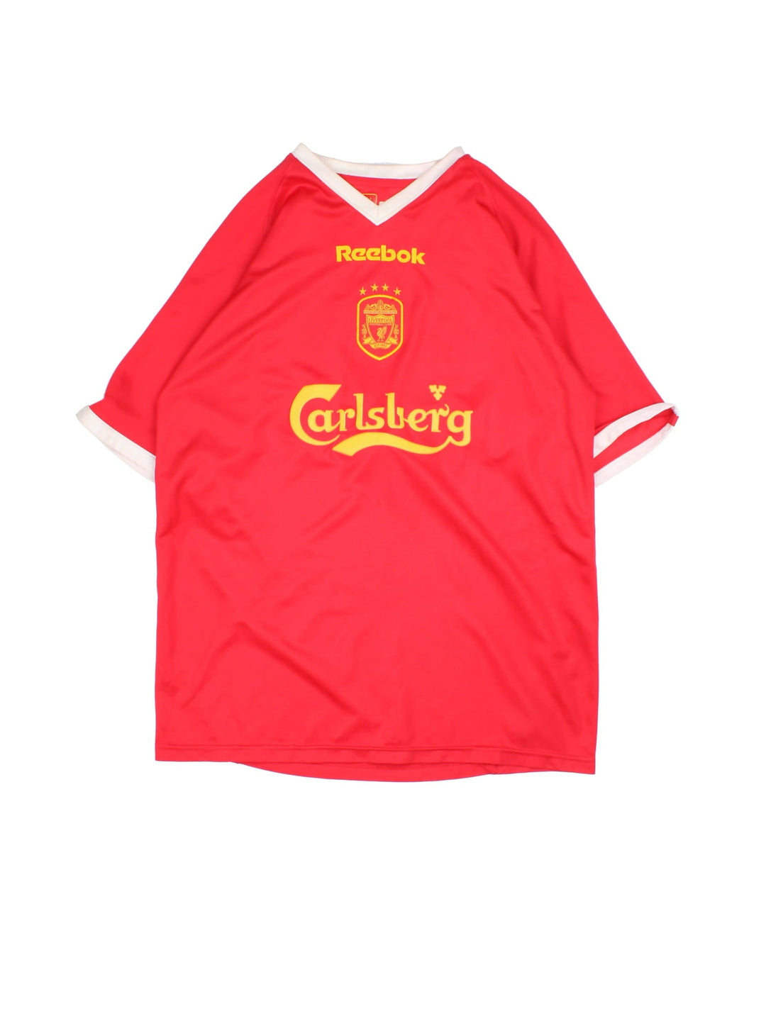 Liverpool 2001-03 Reebok Football Shirt in the red home kit colourway, features embroidered logos and badge on the front.