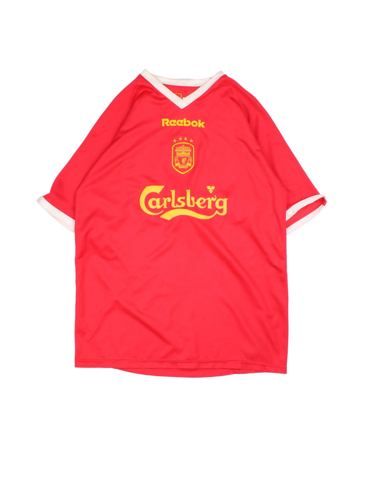 Liverpool 2001-03 Reebok Football Shirt in the red home kit colourway, features embroidered logos and badge on the front.