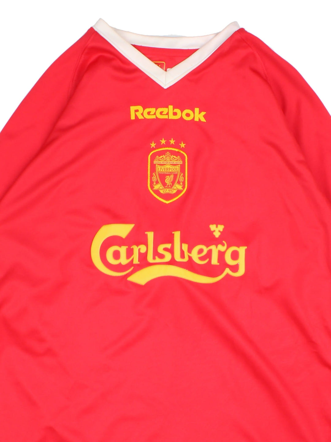 Liverpool 2001-03 Reebok Football Shirt in the red home kit colourway, features embroidered logos and badge on the front.