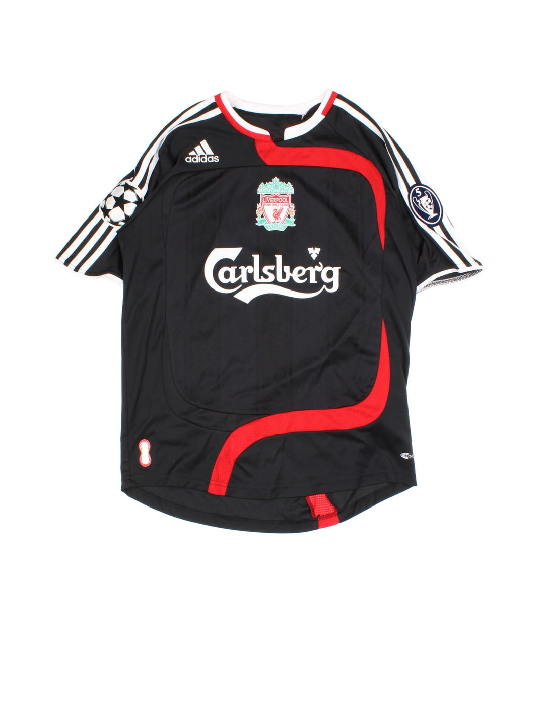 Liverpool 2007-08 Adidas Football Shirt in the black third kit colourway, features embroidered logos and badge on the front with classic 3 stripe along the sleeve. Player name KUYT and number #18 on the back.