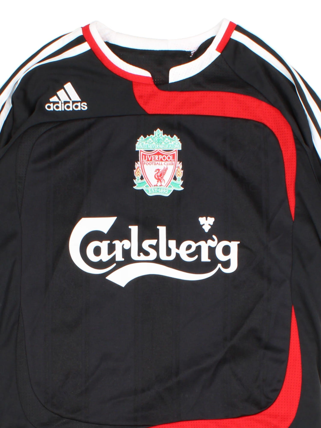 Liverpool 2007-08 Adidas Football Shirt in the black third kit colourway, features embroidered logos and badge on the front with classic 3 stripe along the sleeve. Player name KUYT and number #18 on the back.