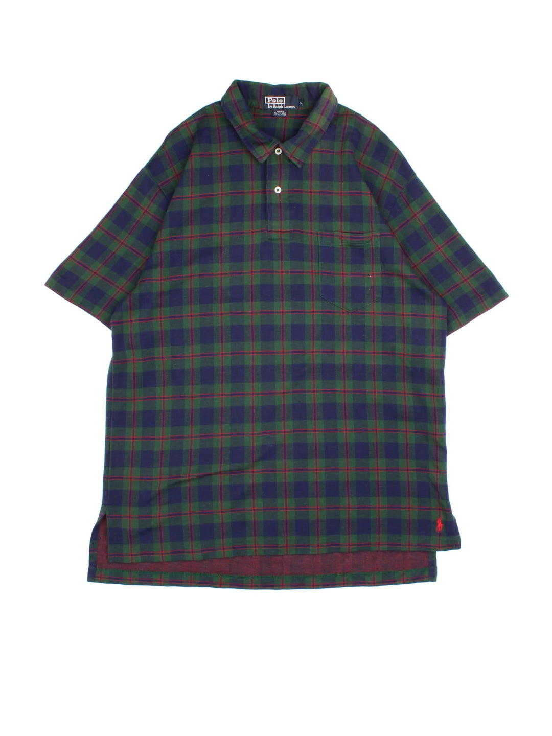 Ralph Lauren Polo Shirt in a green colourway with checked pattern. features a button up and small pocket on the front.