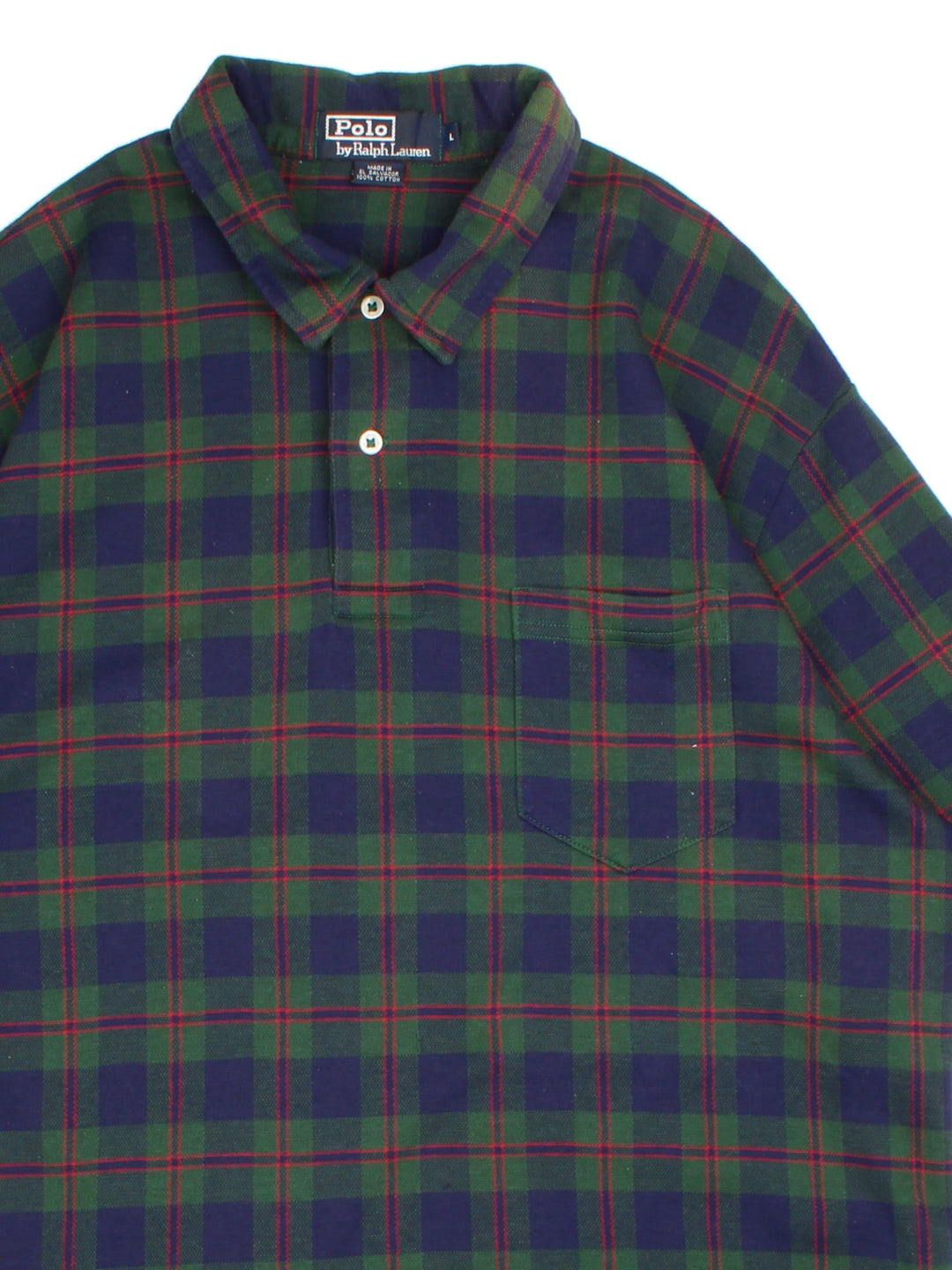 Ralph Lauren Polo Shirt in a green colourway with checked pattern. features a button up and small pocket on the front.