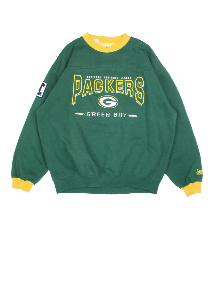 Lee Sport Green Bay Packers Sweatshirt in a green colourway with large logo and graphic on the front and yellow trim around collar and sleeves