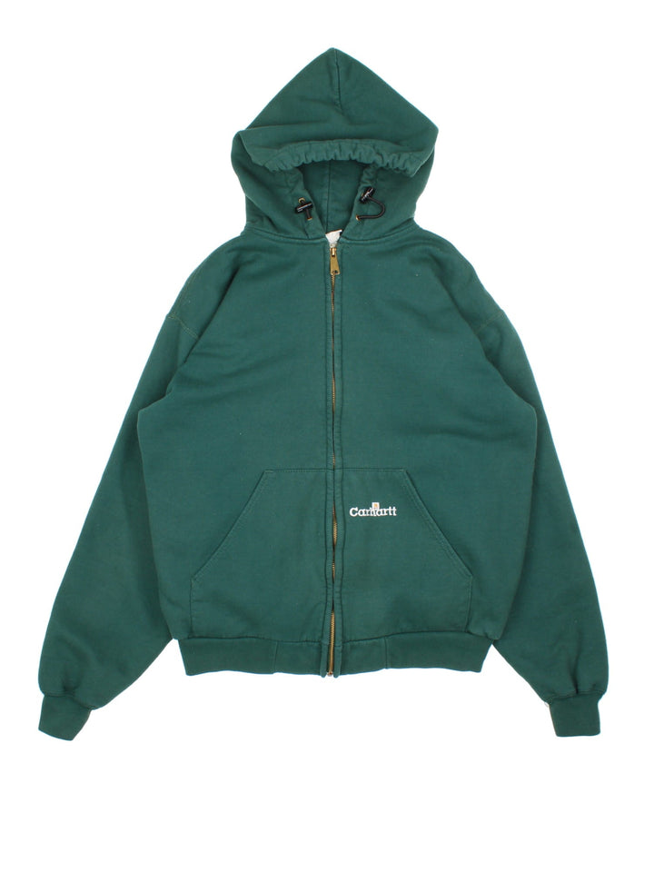 Carhartt Full Zip Hoodie in a green colourway, features drawsting hood and small logo on the pocket.