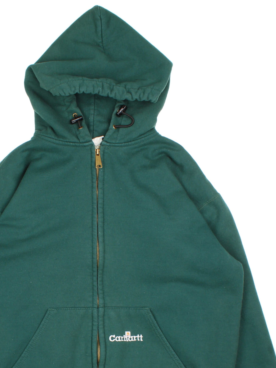 Carhartt Full Zip Hoodie in a green colourway, features drawsting hood and small logo on the pocket.