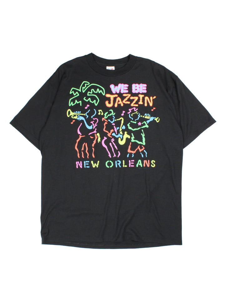 Vintage New Orleans Jazz T-Shirt in a black colourway, with graphic printed on front.