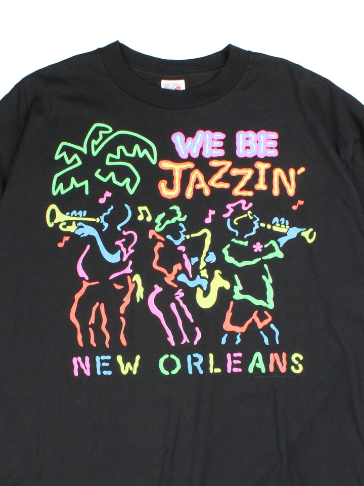 Vintage New Orleans Jazz T-Shirt in a black colourway, with graphic printed on front.