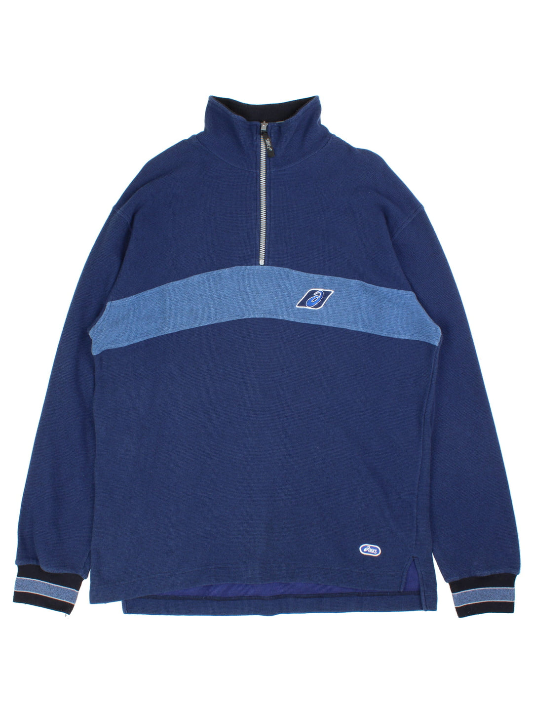 Vintage Asics 1/4 Zip Sweatshirt in a blue colourway with branding embroidered on front.