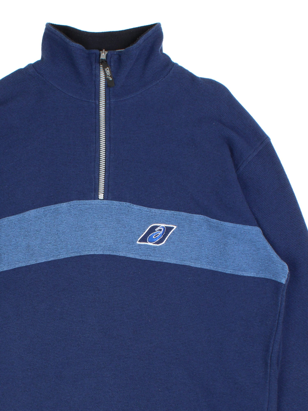 Vintage Asics 1/4 Zip Sweatshirt in a blue colourway with branding embroidered on front.