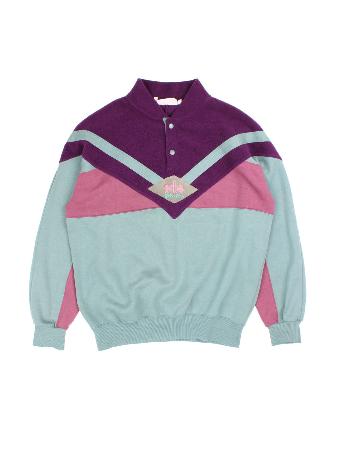 Vintage Lotto Outdoor Sweatshirt popper fastening in purple/pink/green colourway, with fleece panelling and branding embroidered on front.