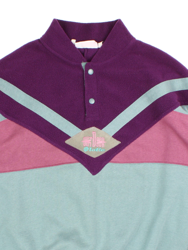 Vintage Lotto Outdoor Sweatshirt popper fastening in purple/pink/green colourway, with fleece panelling and branding embroidered on front.